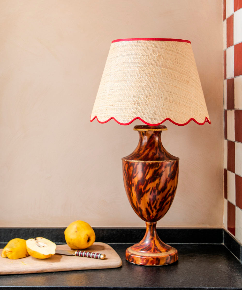 Raffia Scallop Lampshade, Red Trim, Medium