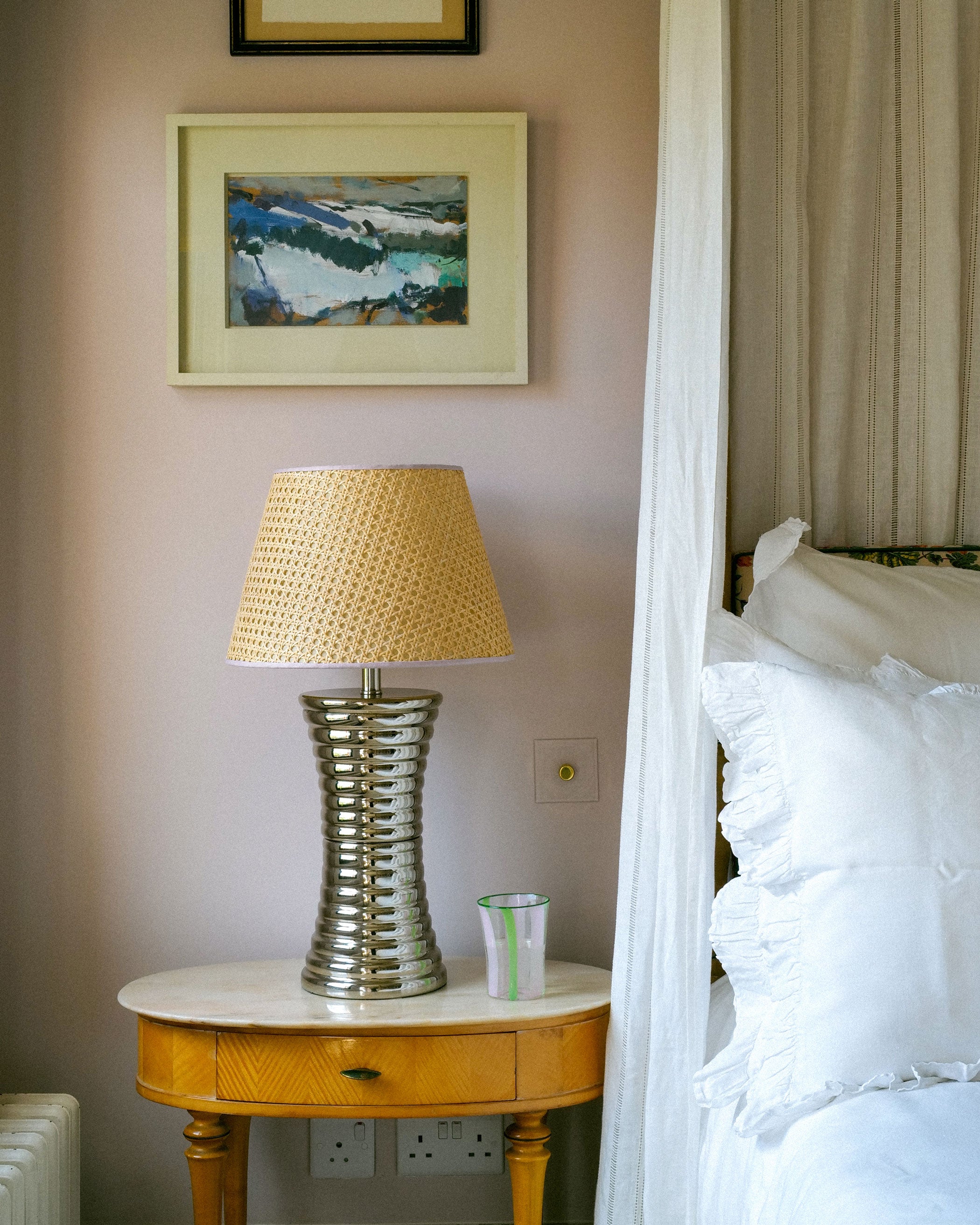 Cane Lampshade, Pink Trim, Medium